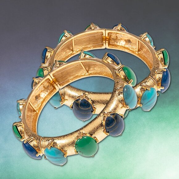 Byzantine Inspired Stone Gold Dipped Stretch Cuff Bangle Bracelets SET of 2 - Picture 5 of 11